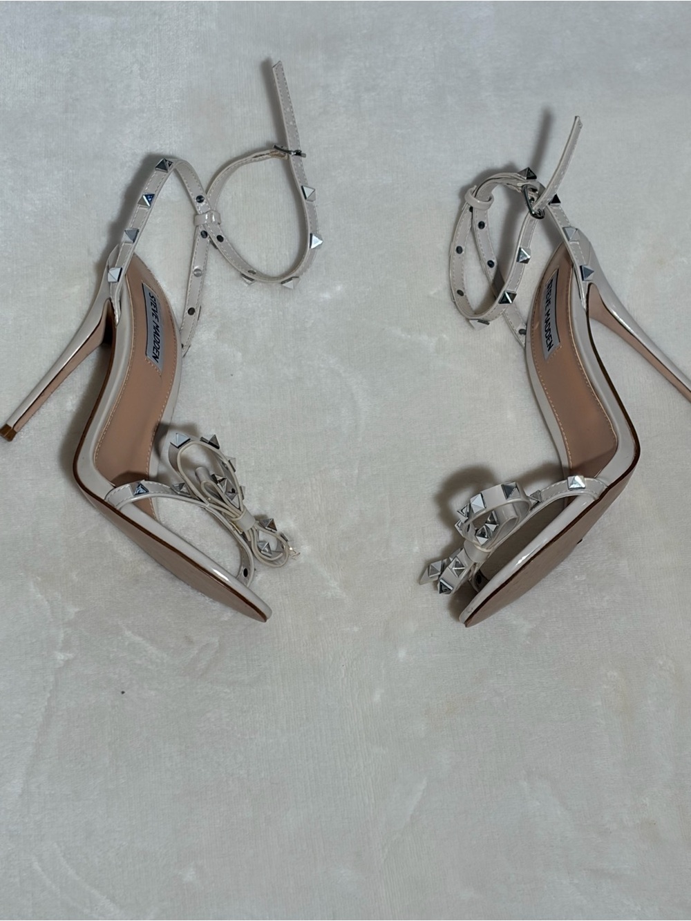 Studded Ankle-Tie High Heel Sandals in Light Beige